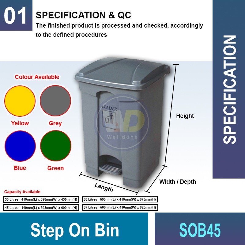 SOB45 Step On Bin 45L - 87L | Quality Waste Bin Malaysia - Welldone