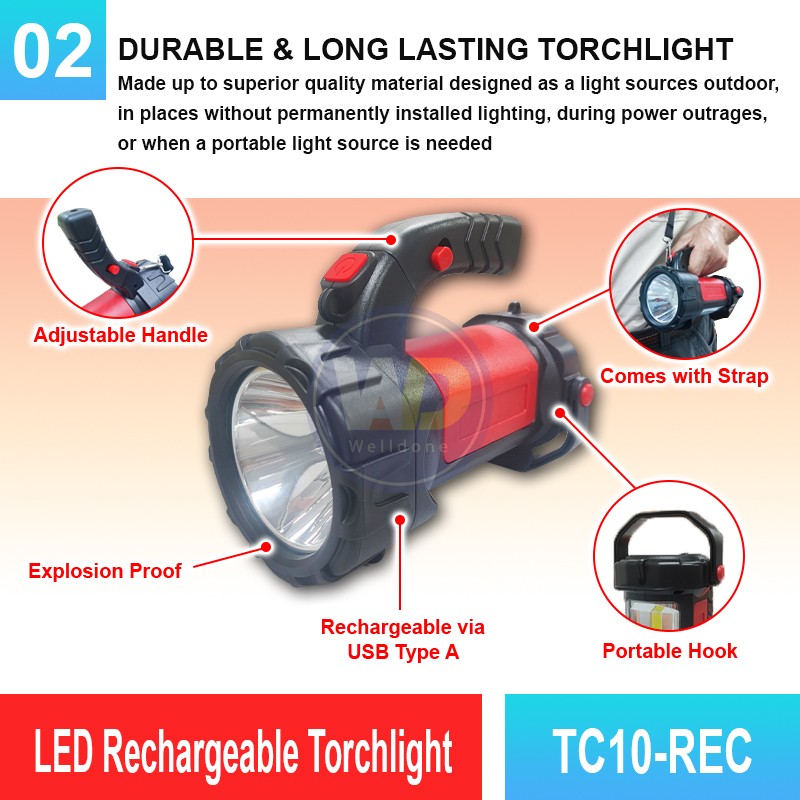 TC10-REC LED Rechargeable Torchlight | Quality Searchlight MY | Welldone