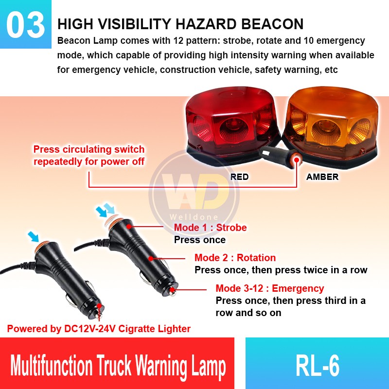 RL-6 Multifunction Truck Warning Lamp | Quality Warning Light MY | Welldone RL-6 Multifunction Truck Warning Lamp | Quality Warning Light MY | Welldone