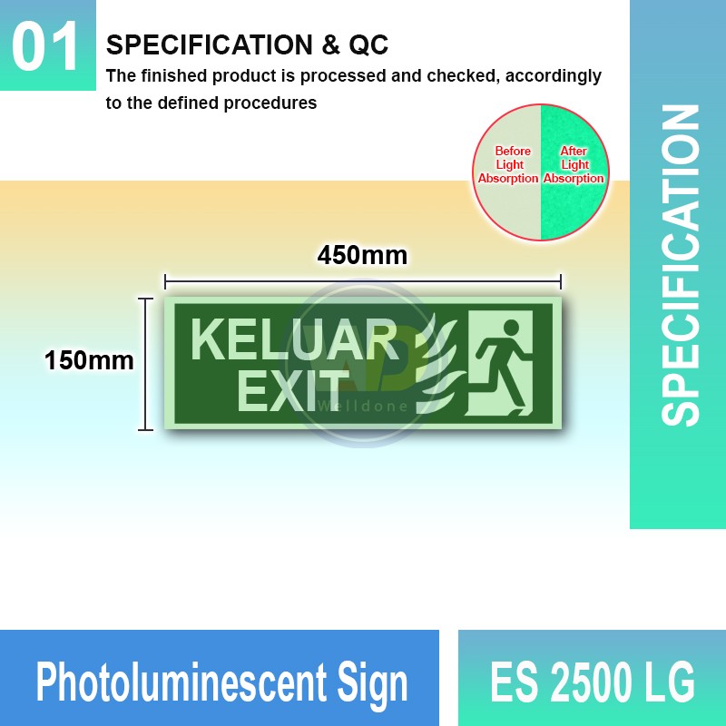 Photoluminescent Keluar Exit Sign - ES2500LG | Welldone