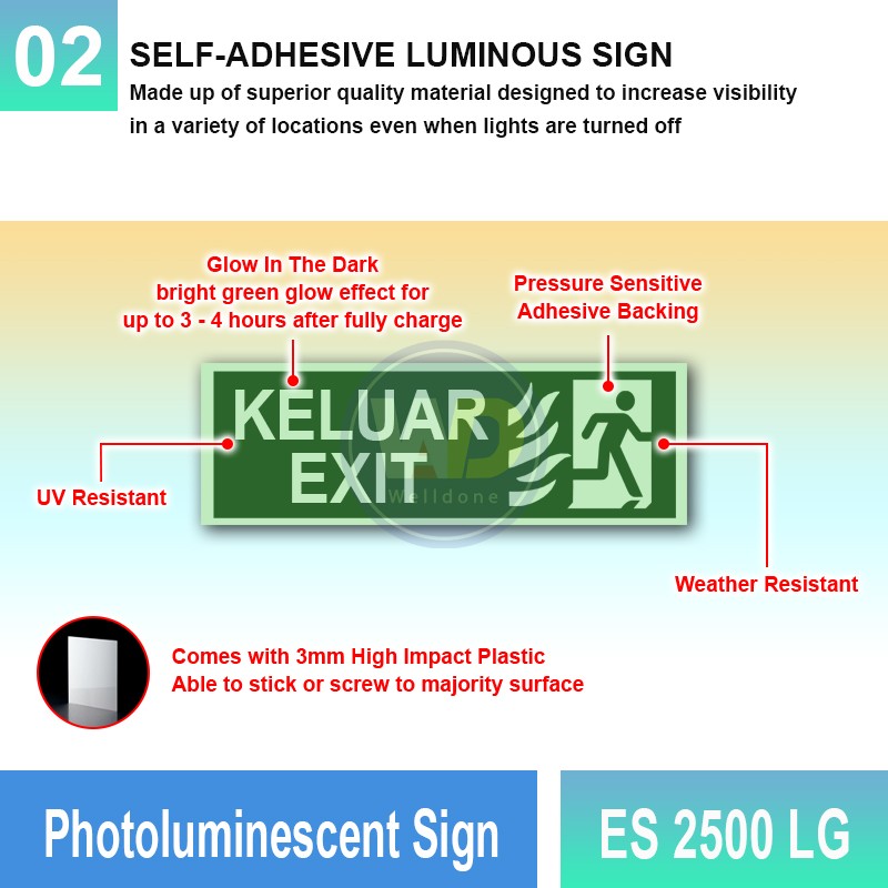 Photoluminescent Keluar Exit Sign - ES2500LG | Welldone