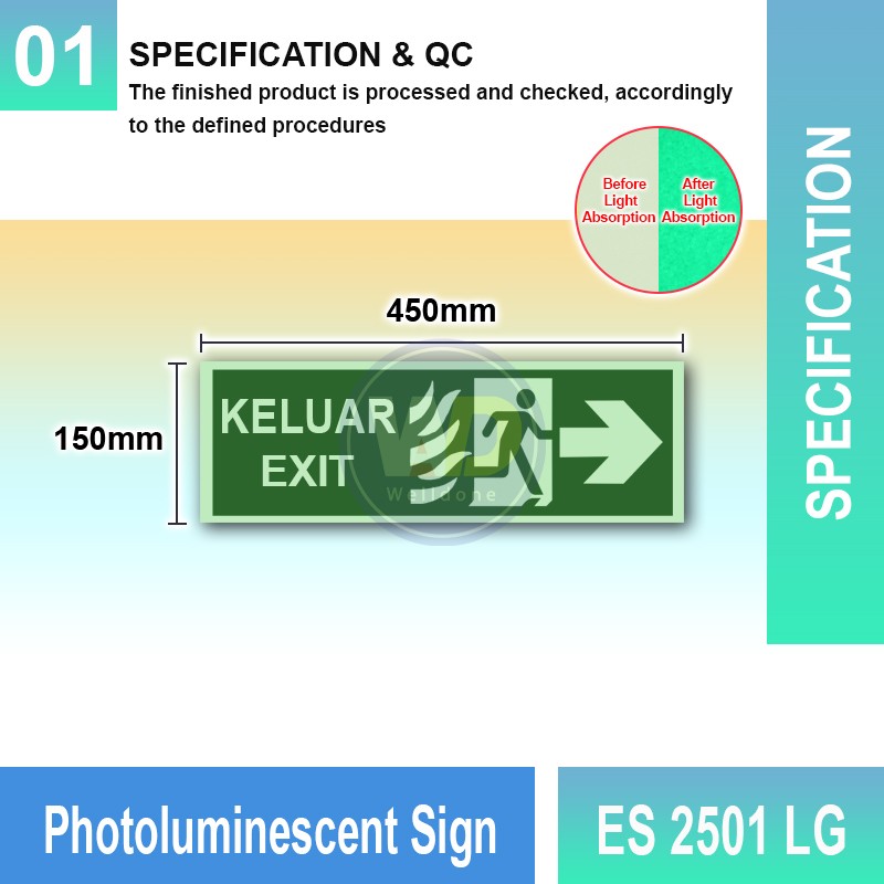 Photoluminescent Keluar Exit Sign (Right Arrow) - ES2501LG | Welldone
