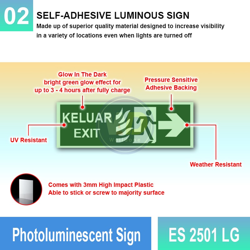 Photoluminescent Keluar Exit Sign (Right Arrow) - ES2501LG | Welldone