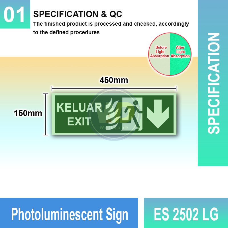 Photoluminescent Keluar Exit Sign (Down Arrow) - ES2502LG | Welldone Photoluminescent Keluar Exit Sign (Down Arrow) - ES2502LG | Welldone