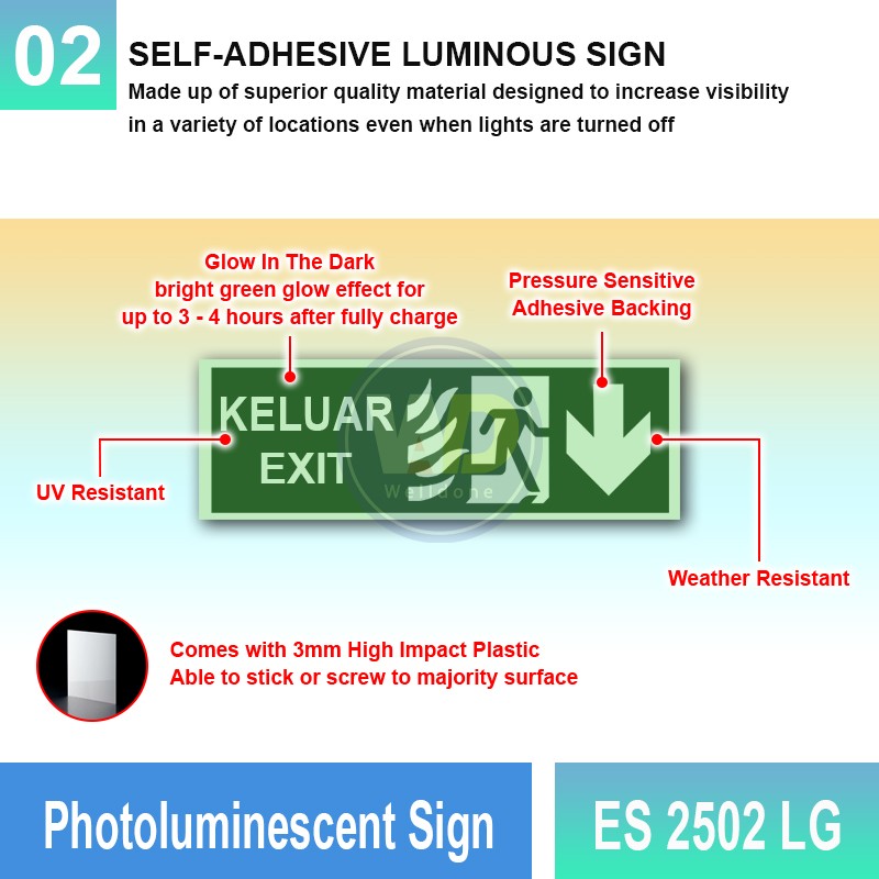 Photoluminescent Keluar Exit Sign (Down Arrow) - ES2502LG | Welldone Photoluminescent Keluar Exit Sign (Down Arrow) - ES2502LG | Welldone