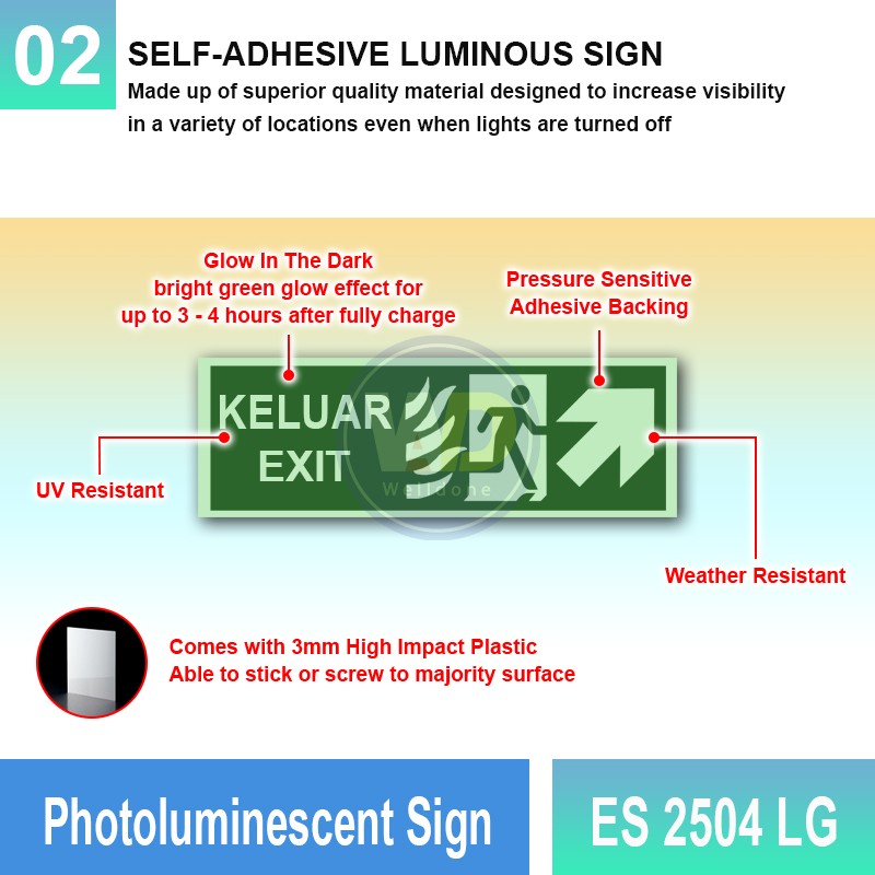 Photoluminescent Keluar Exit Sign (Up-Right Arrow) - ES2504LG | Welldone Photoluminescent Keluar Exit Sign (Up-Right Arrow) - ES2504LG | Welldone