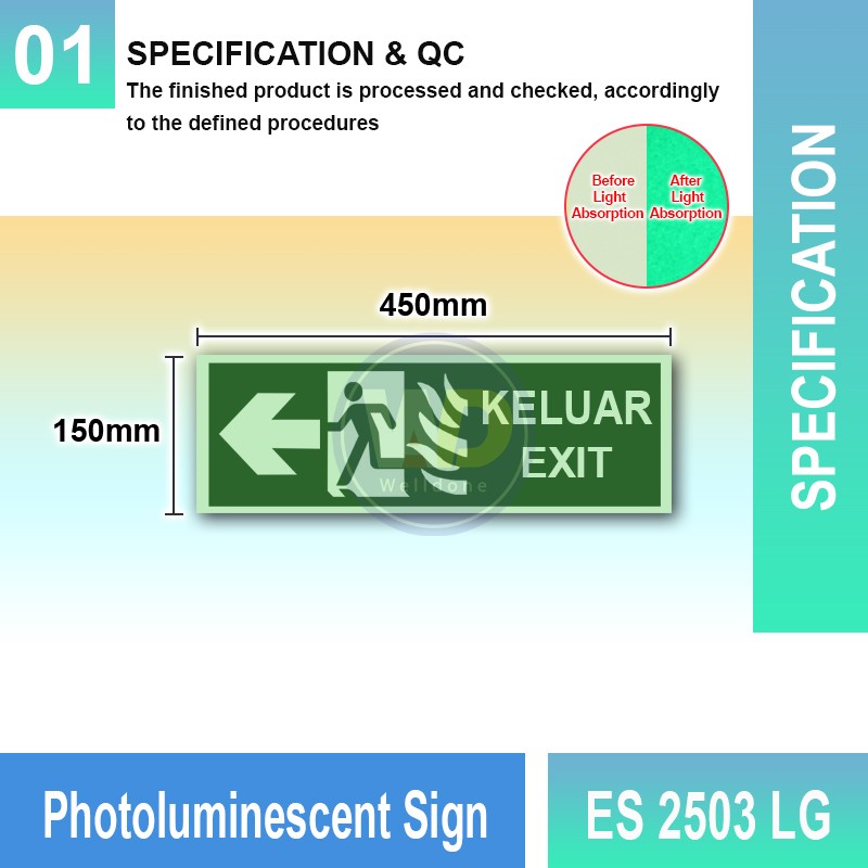 ES 2503 LG Photoluminescent Sign | Left Directional Finding Sign | Welldone