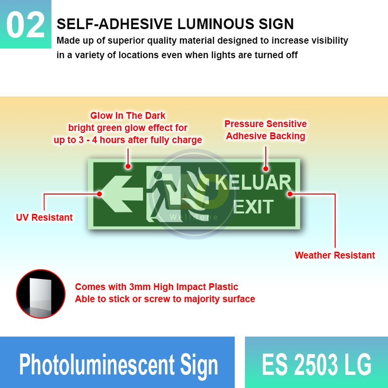 Photoluminescent Keluar Exit Sign (Left Arrow) - ES2503LG | Welldone