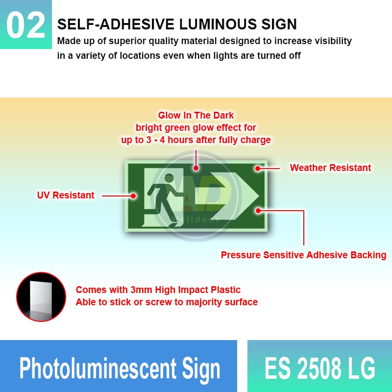 Photoluminescent Exit Sign (Right Arrow) - ES2508LG | Welldone