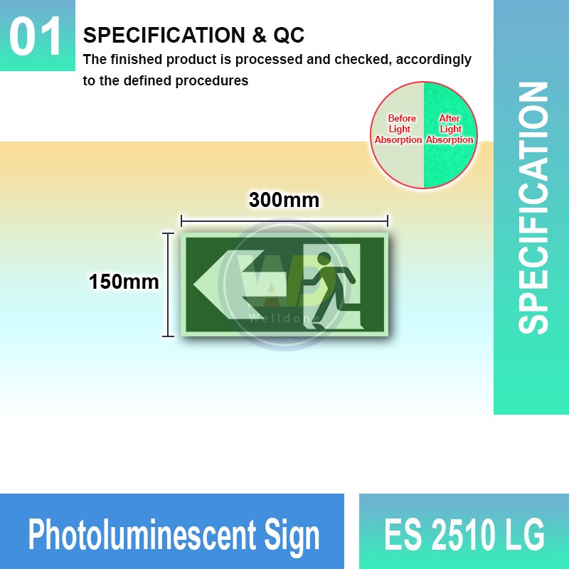 Photoluminescent Exit Sign (Left Arrow) - ES2510LG | Welldone