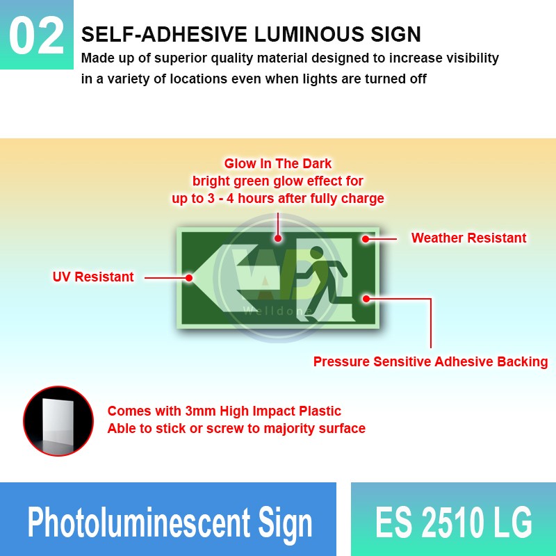 Photoluminescent Exit Sign (Left Arrow) - ES2510LG | Welldone