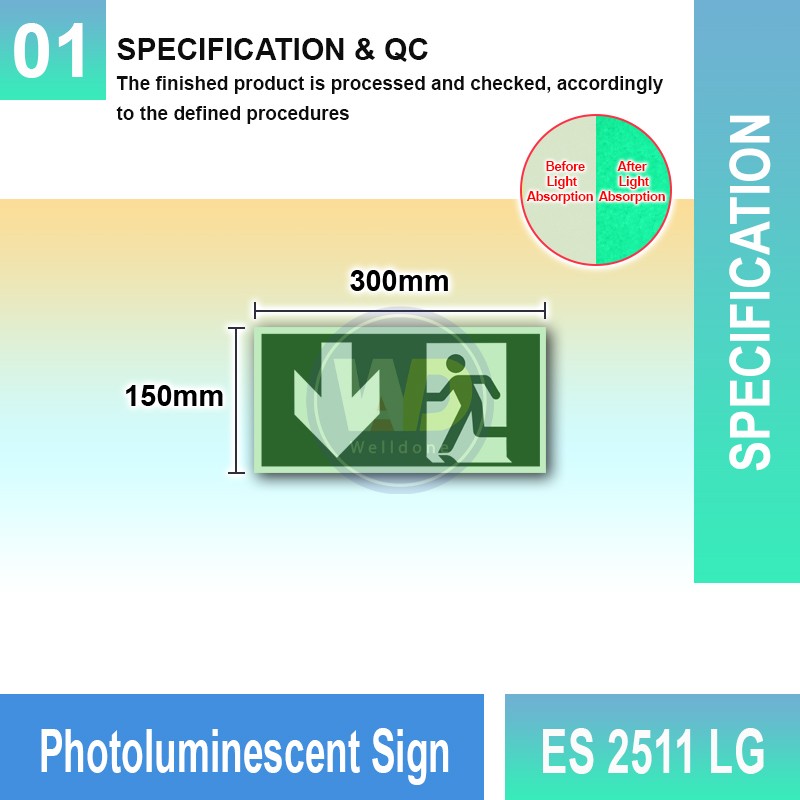 Photoluminescent Exit Sign (Down Arrow) - ES2511LG | Welldone