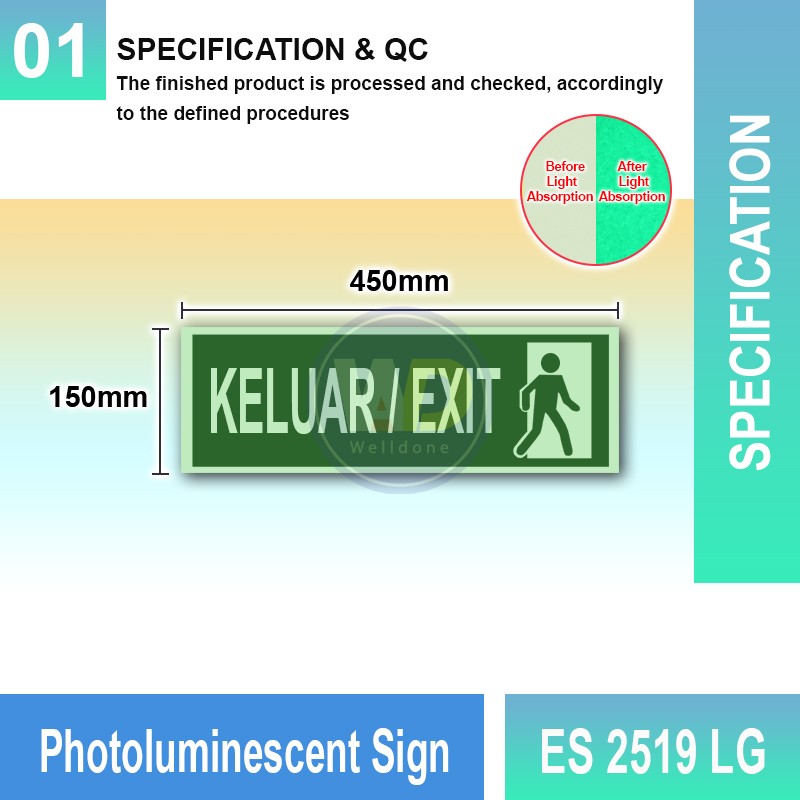 Photoluminescent Keluar Exit Sign - ES2519LG | Welldone