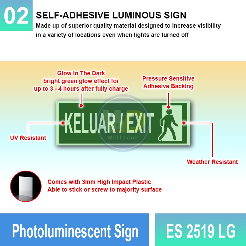 Photoluminescent Keluar Exit Sign - ES2519LG | Welldone