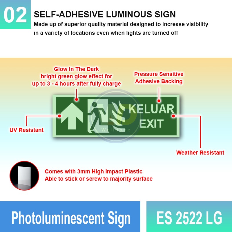 Photoluminescent Keluar Exit Sign (Straight Arrow) - ES2522LG | Welldone