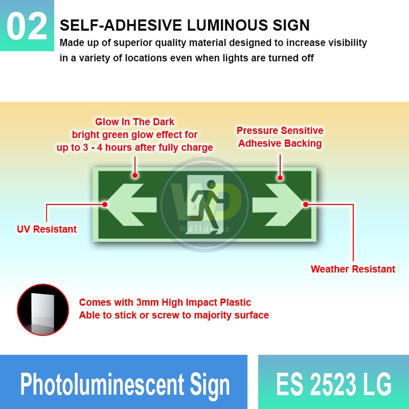 Photoluminescent Exit Sign (Double Arrow) - ES2523LG | Welldone