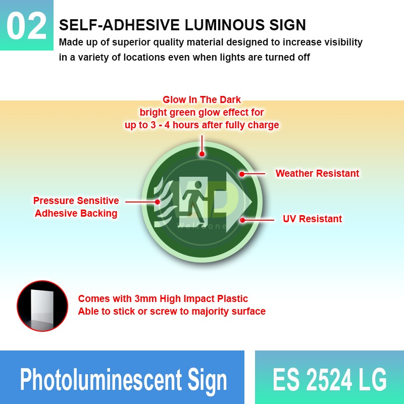 Photoluminescent Exit Sign (Right Arrow) - ES2524LG | Welldone