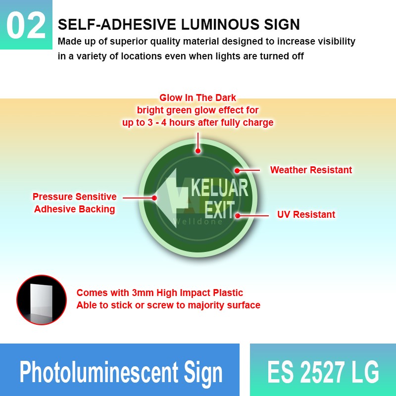 Photoluminescent Keluar Exit Sign (Left Arrow) - ES2527LG | Welldone