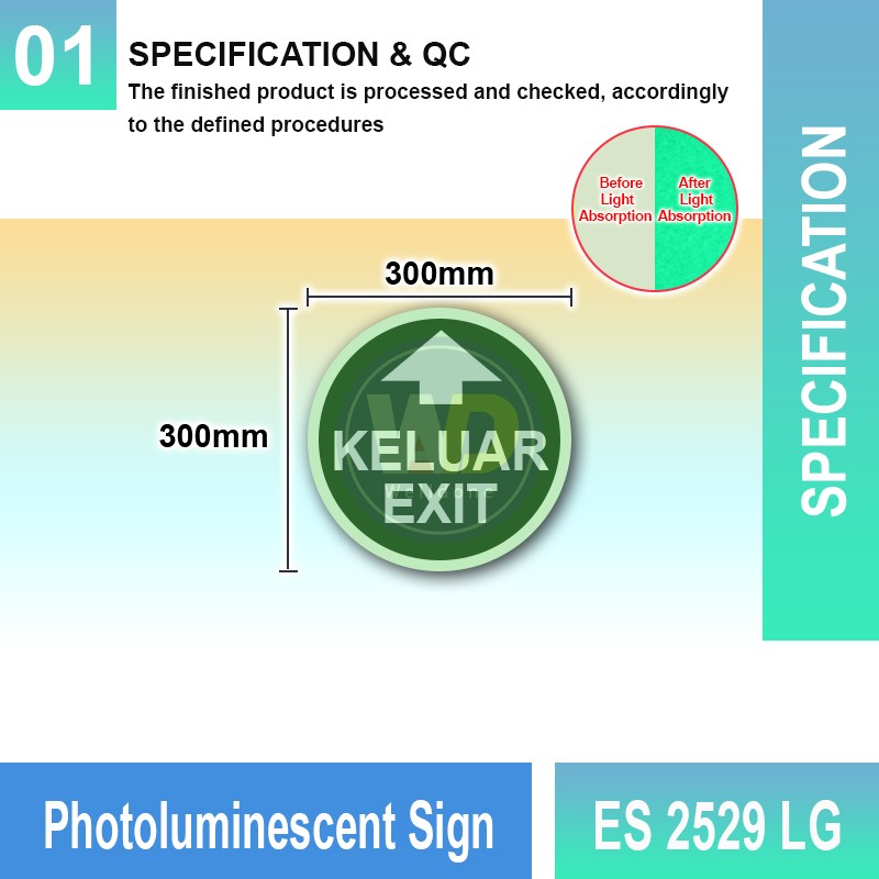 Photoluminescent Keluar Exit Sign (Straight Arrow) - ES2529LG | Welldone