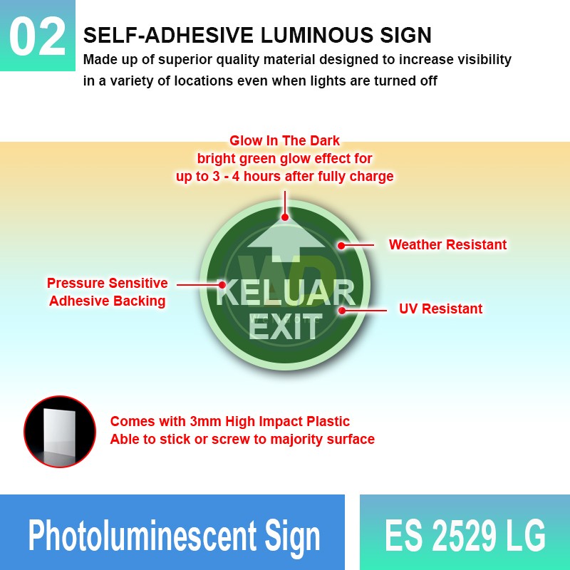 Photoluminescent Keluar Exit Sign (Straight Arrow) - ES2529LG | Welldone