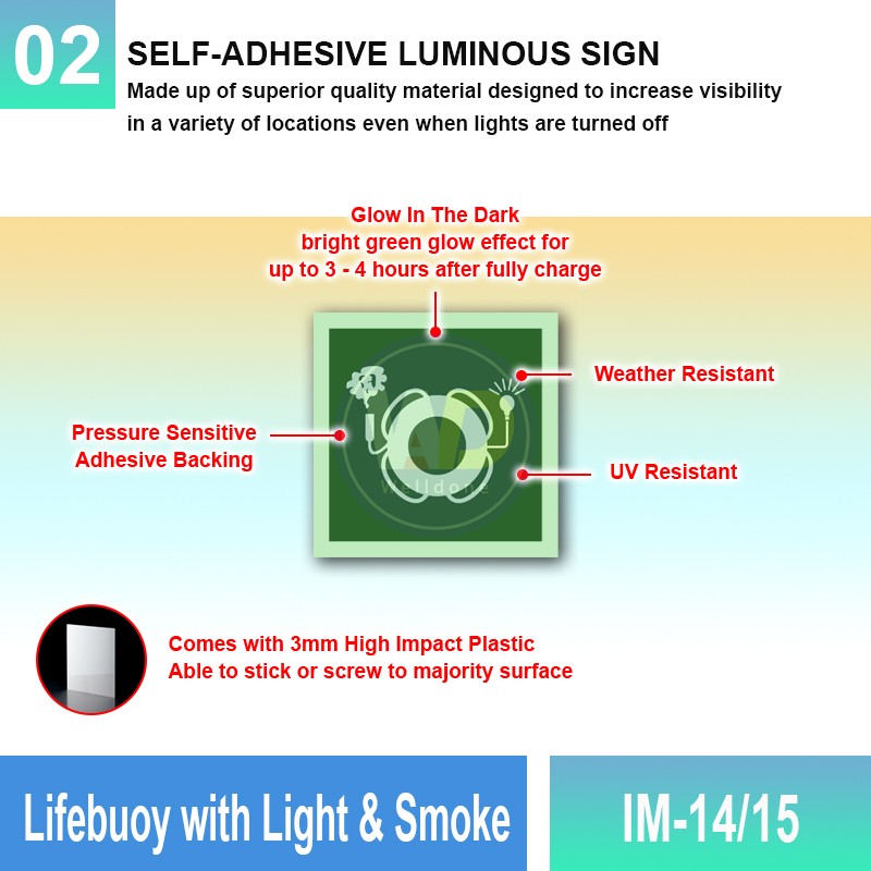 IM-14/15 Lifebuoy With Light & Smoke Sign | Photoluminescent IMO Sign | Welldone