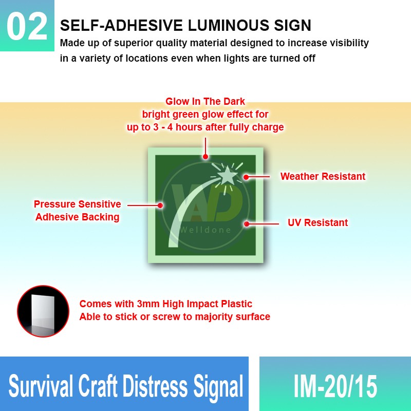 IM-20/15 Survival Craft Distress Signal Sign | Photoluminescent IMO Sign | Welldone
