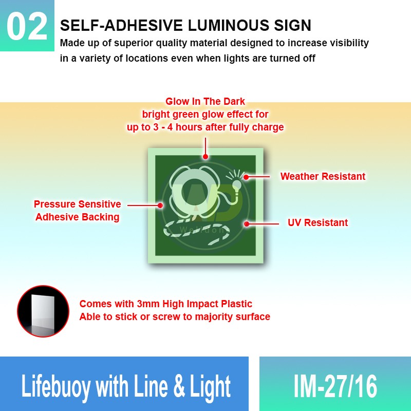 IM-27/16 Lifebuoy With Line & Light Sign | Photoluminescent IMO Sign - Welldone