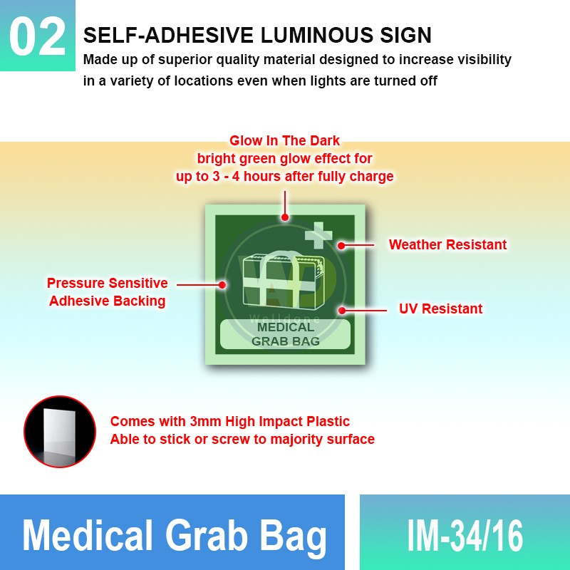 IM-34/16 Medical Grab Bag Sign | Photoluminescent IMO Sign | Welldone IM-34/16 Medical Grab Bag Sign | Photoluminescent IMO Sign | Welldone