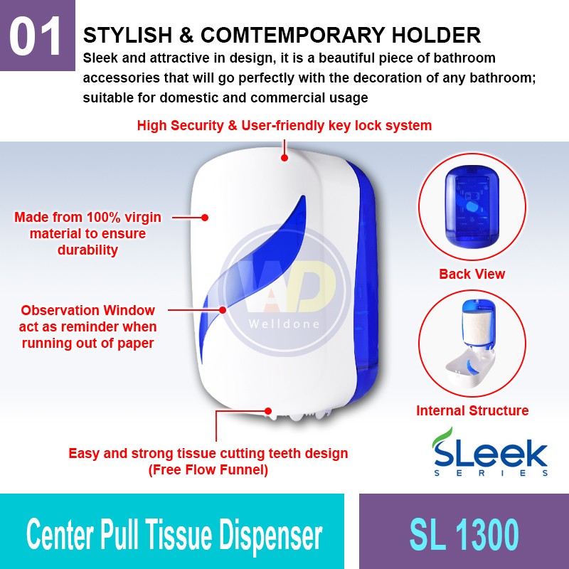 SL 1300 Center Pull Tissue Dispenser | Washroom Accessories MY | Welldone