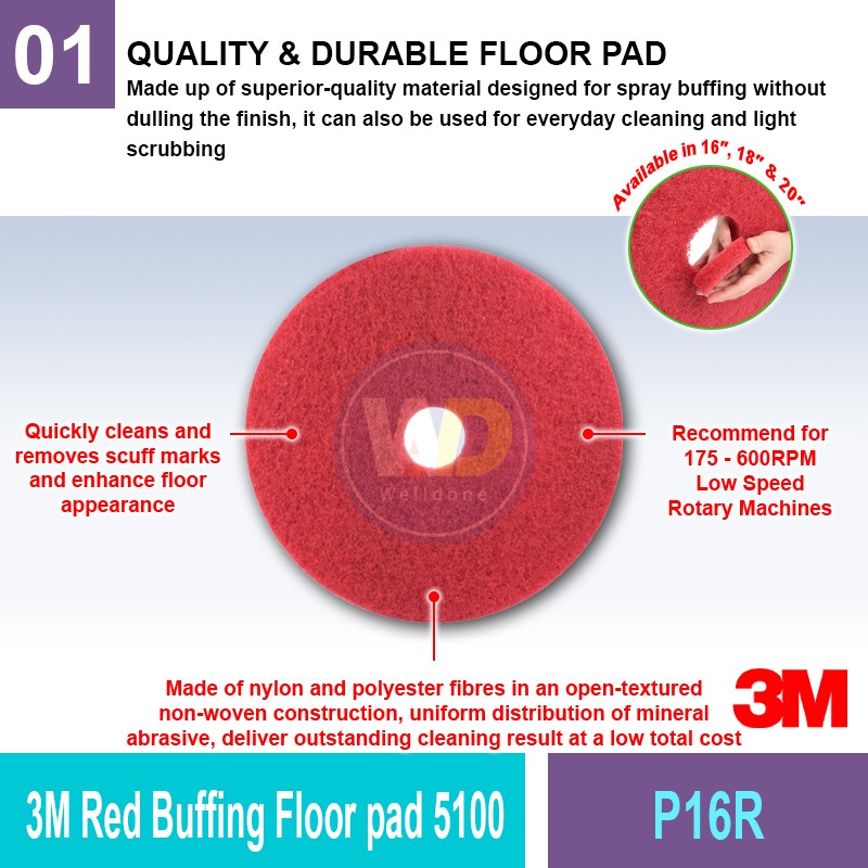 P16R 3M™ Red Buffing Floor Pad 5100 | Quality Floor Pad MY | Welldone