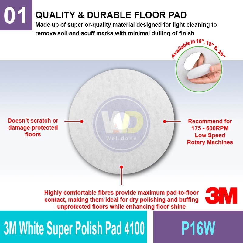 P16W 3M™ White Super Polish Pad 4100 | Quality Floor Pad MY | Welldone