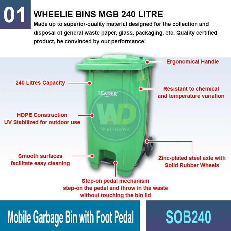 SOB240 Mobile Garbage Bin w Pedal | Quality Wheelie Bin MY | Welldone