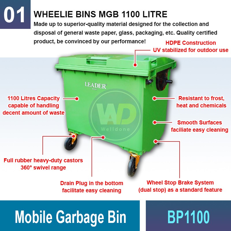 BP1100 Mobile Garbage Bin 1100 Litres |Quality Wheelie Bin MY | Welldone