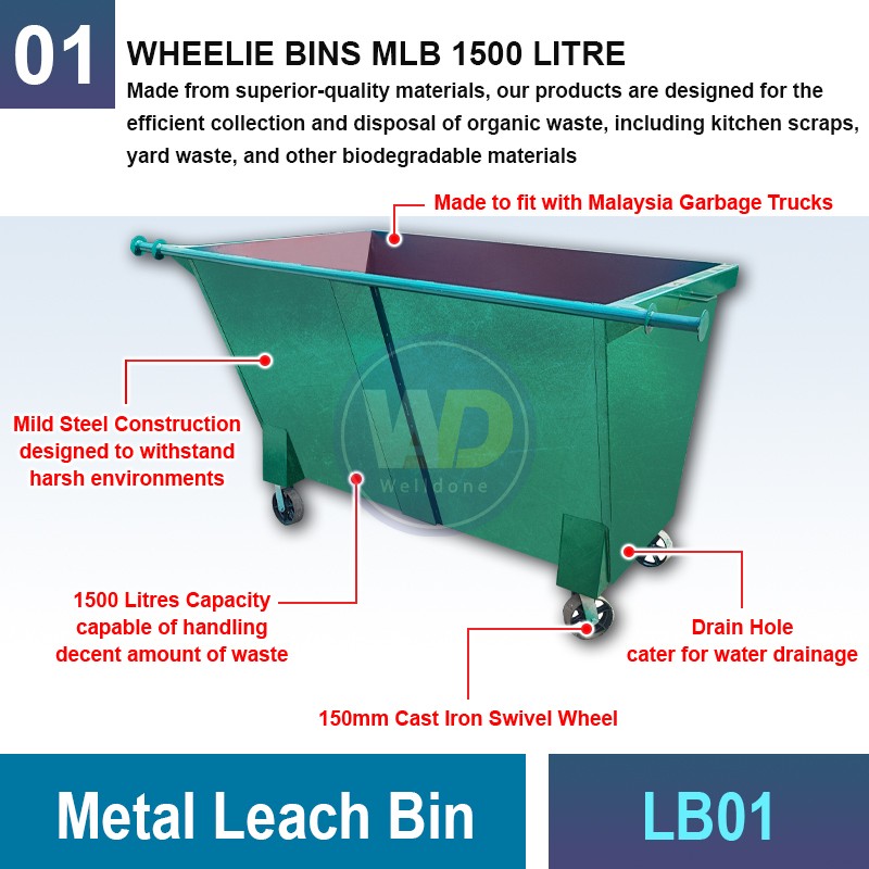 LB01 Metal Leach Bin 1500 Litres | Quality Wheelie Bin MY | Welldone
